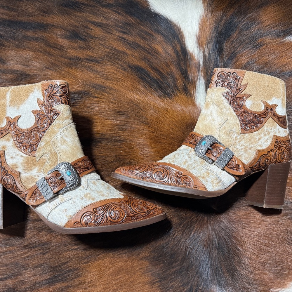 Myra Bag Brown and Cream Western Ankle Boots